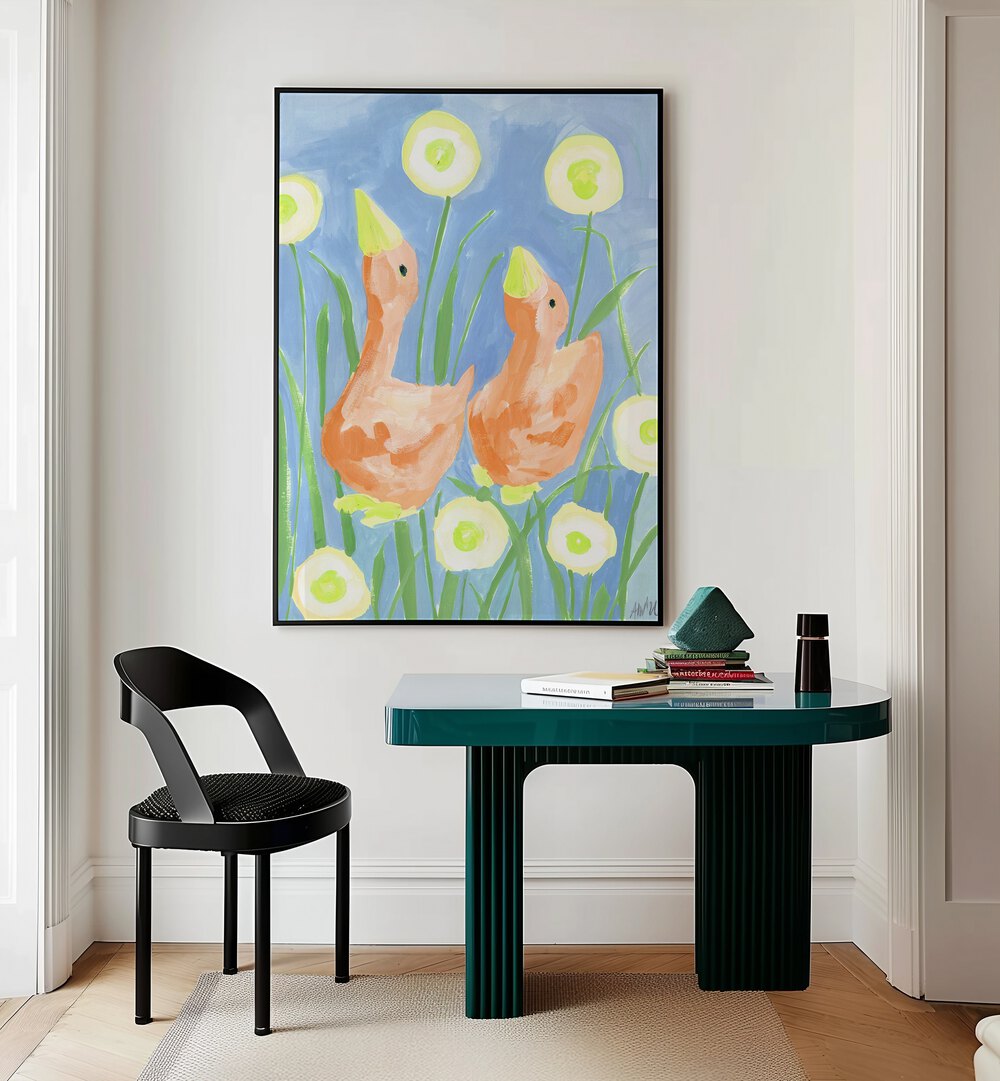 Orange Gees In The Garden By Ania Zwara Kids Room Paintings Kids Room Wallart in Black Plain Frame placed on a Cream Colored Wall near a Table in a Workspace in the Drawing Room