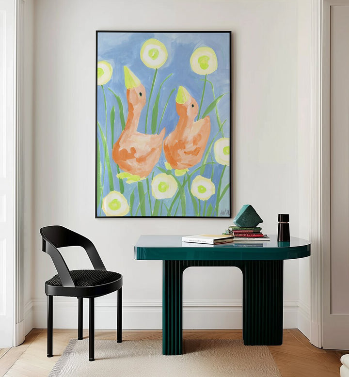 Orange Gees In The Garden By Ania Zwara Kids Room Paintings Kids Room Wallart in Black Plain Frame placed on a Cream Colored Wall near a Table in a Workspace in the Drawing Room