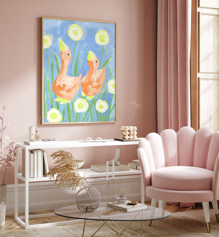 Orange Gees In The Garden By Ania Zwara Kids Room Paintings Kids Room Wallart in Oak Wood Plain Frame placed on a Pink Colored Wall above a Console Table in the Drawing Room