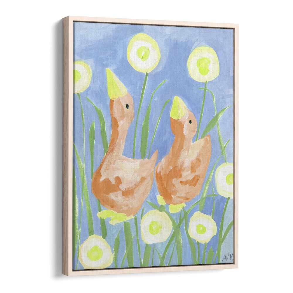 Orange Gees In The Garden By Ania Zwara Kids Room Paintings Kids Room Wallart in Oak Wood Floater Frame