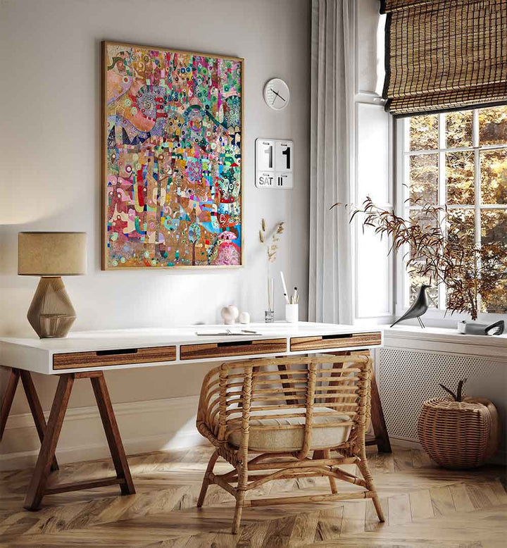 ORANGE SWIRL , ABSTRACT PAINTINGS above a desk in a sunlit room, vibrant orange swirls with layered texture