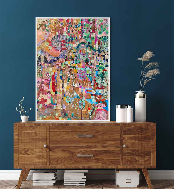 Framed ORANGE SWIRL , ABSTRACT PAINTINGS — vibrant orange tones, layered texture and fluid motion on a wood console