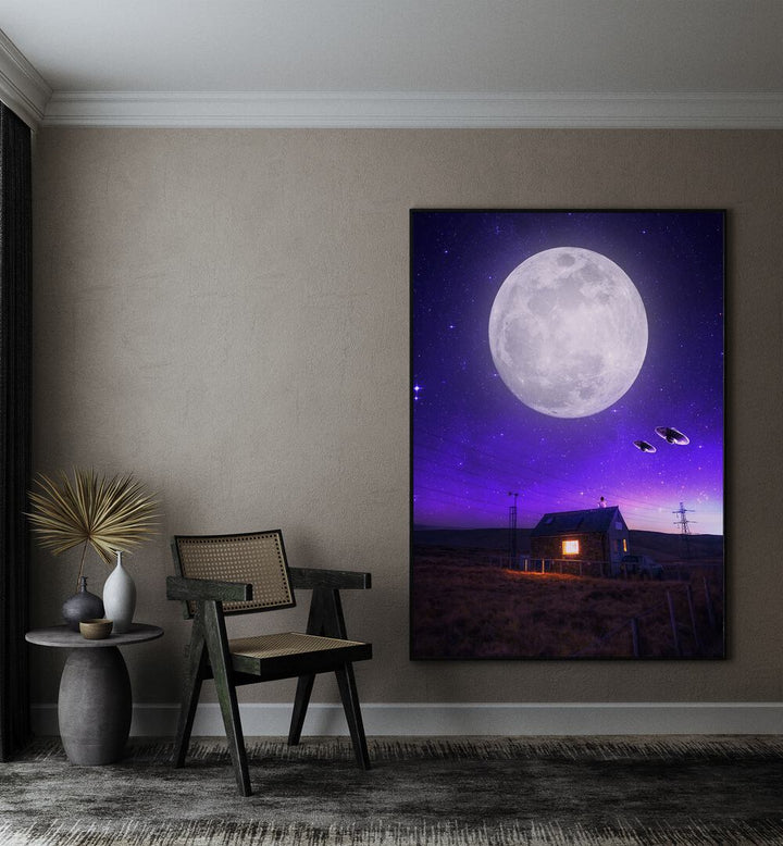 Orb Of Night By Ritvik Takkar Surreal Art Prints in Black Plain Frame placed on a Beige Colored Wall in the Drawing Room