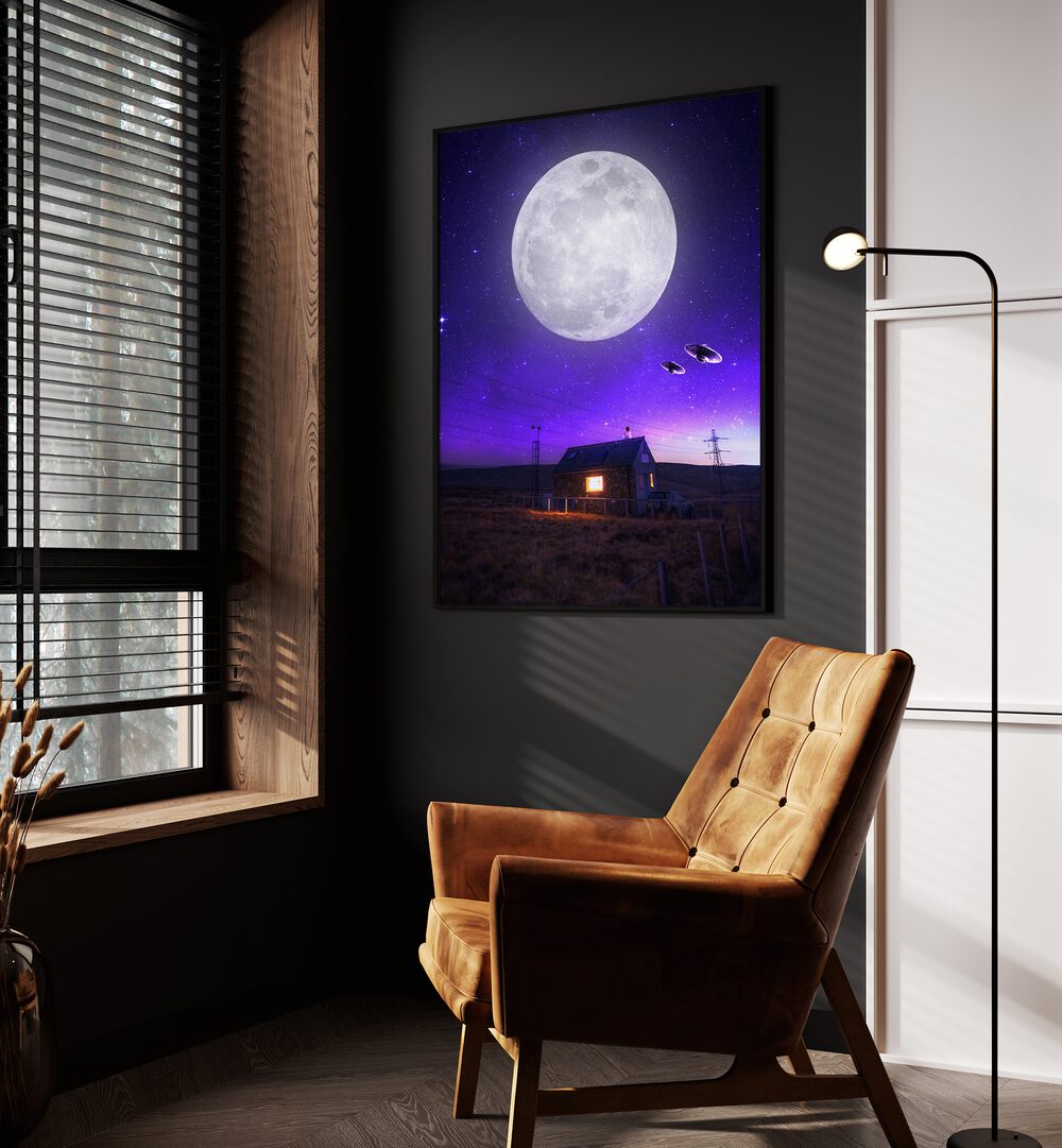 Orb Of Night By Ritvik Takkar Surreal Art Prints in Black Plain Frame placed on a Dark Grey Colored Wall in the Drawing Room