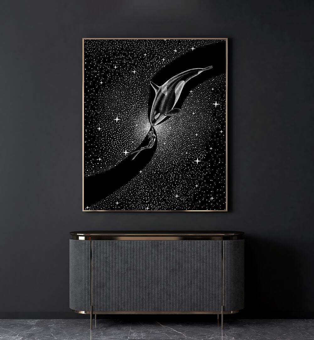 Orca And Diver By Aliriza Cakir Surreal Paintings Surreal Art in Gold Plain Frame placed on a Dark Grey Colored Wall above a Console Table in the Living Room