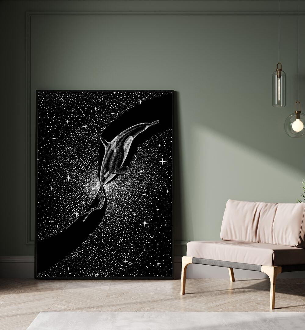 Orca And Diver By Aliriza Cakir Surreal Paintings Surreal Art in Black Plain Frame placed on the floor near a Green Colored Wall in the Drawing Room