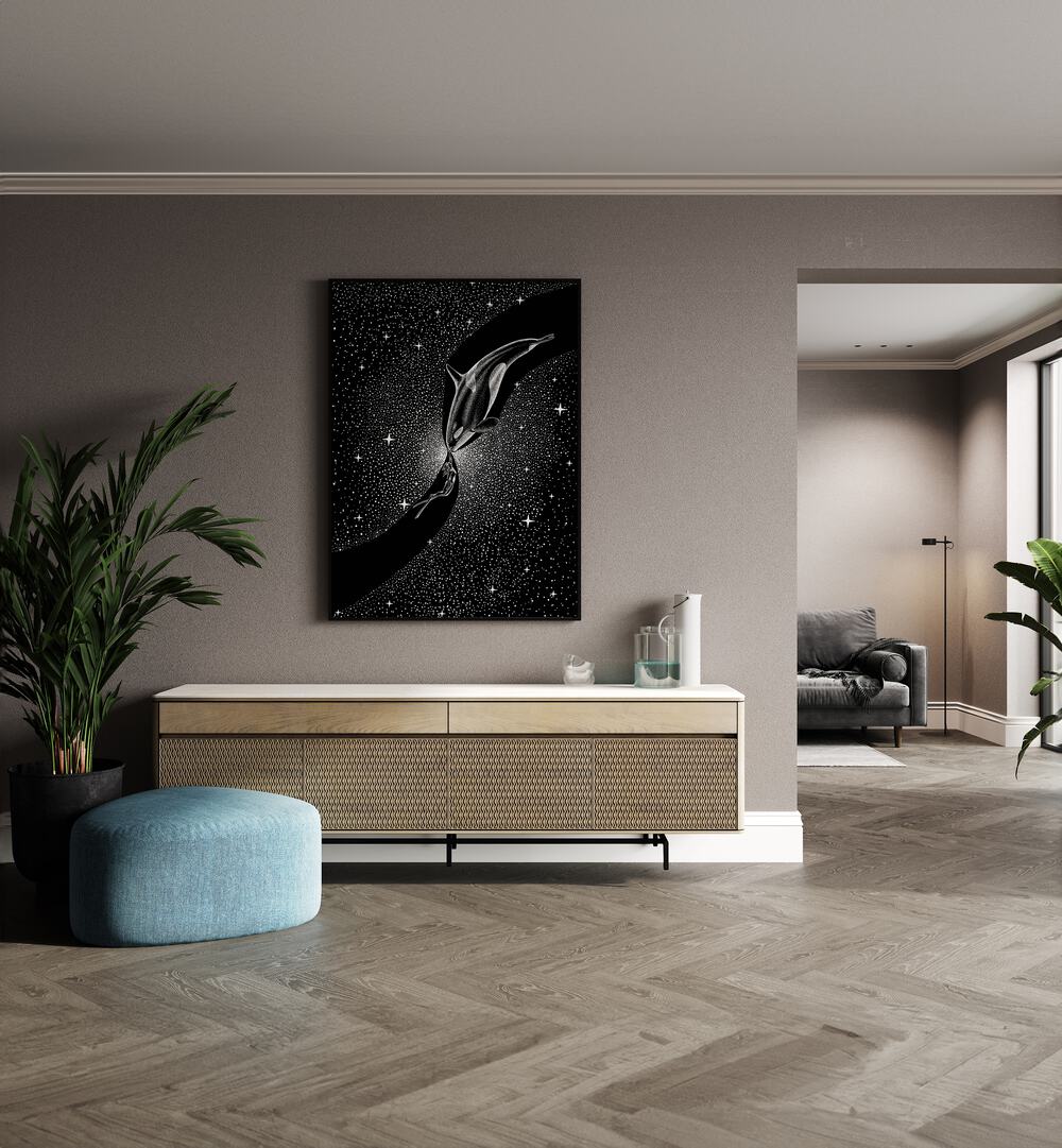 Orca And Diver By Aliriza Cakir Surreal Paintings Surreal Art in Black Plain Frame placed on a Beige Colored Wall above a Console Table in the Drawing Room