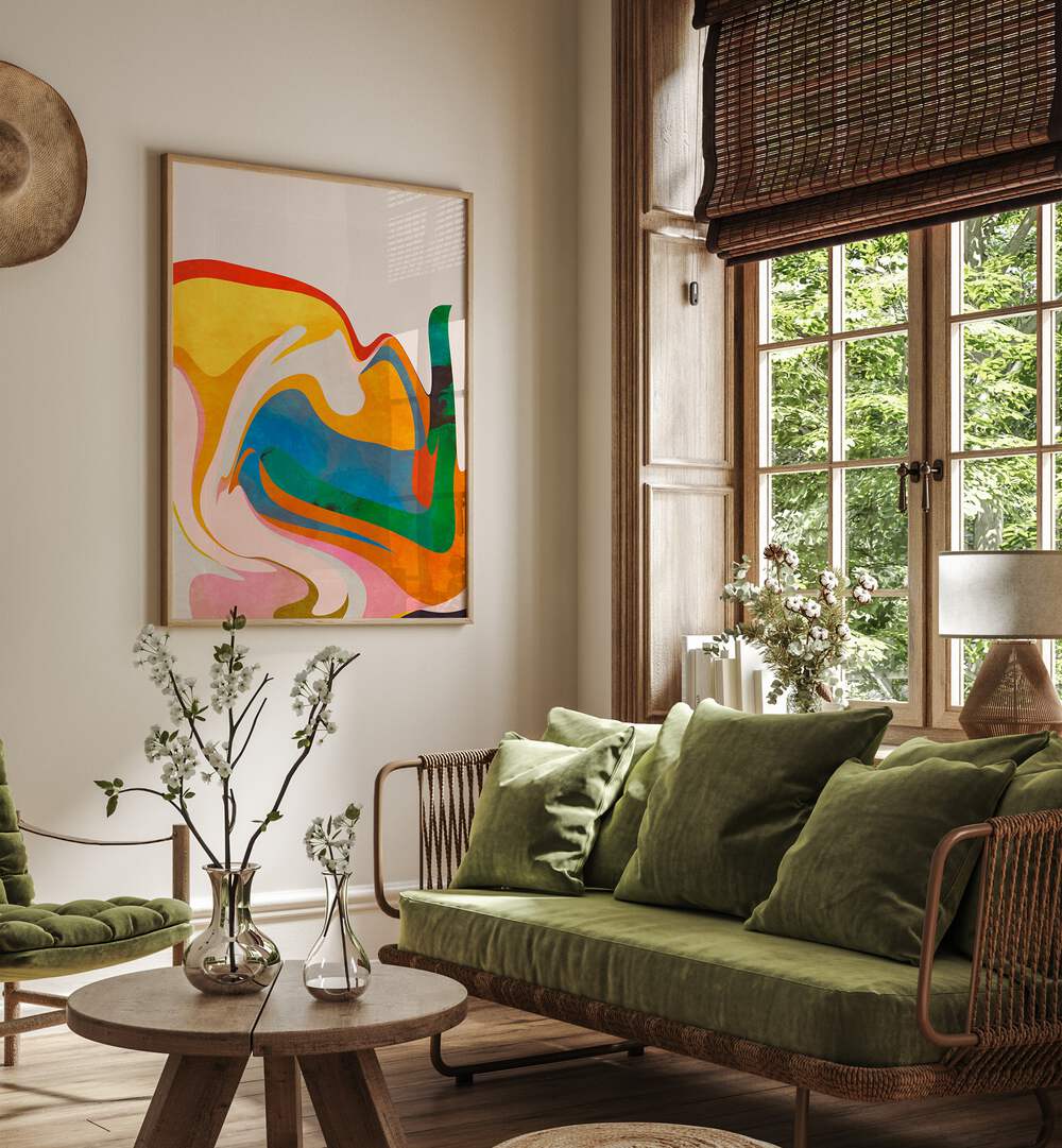 Organic Bauhaus Waved By Ana Rut Bre Landscape Art Prints in Oak Wood Plain Frame placed on a Cream Colored Wall near a Green Sofa in the Living Room