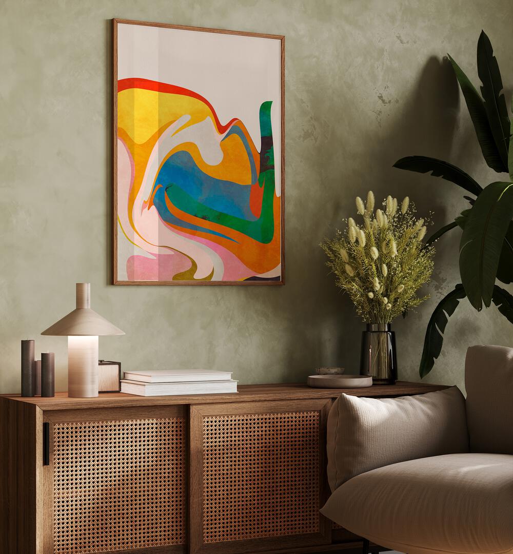 Organic Bauhaus Waved By Ana Rut Bre Landscape Art Prints in Oak Wood Plain Frame placed on a Green Colored Wall  above a Console Table