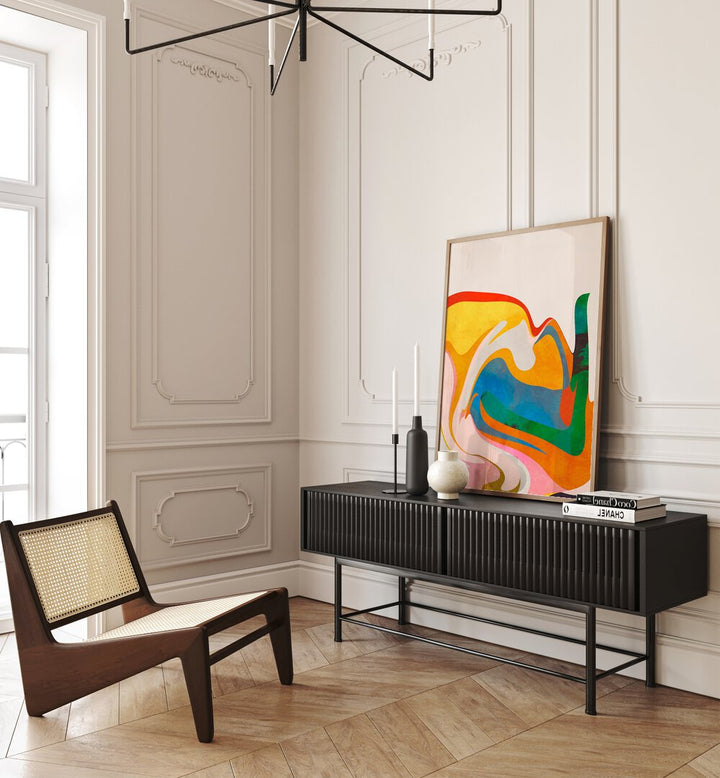 Organic Bauhaus Waved By Ana Rut Bre Landscape Art Prints in Oak Wood Plain Frame placed on a Console Table in the Drawing Room