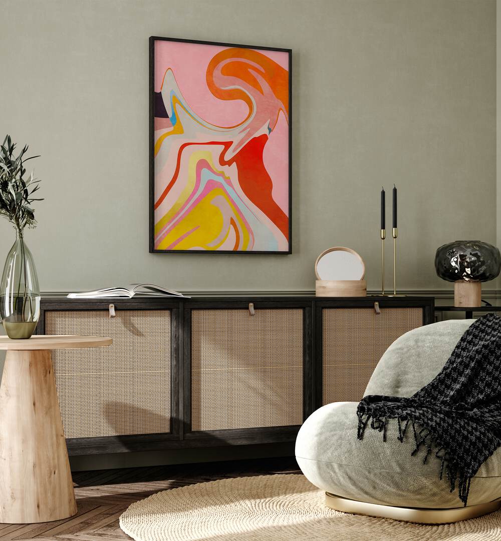 Organic Bauhaus Waved II By Ana Rut Bre Landscape Art Prints in Black Plain Frame placed on a Green Colored Wall above a Console Table in the Drawing Room