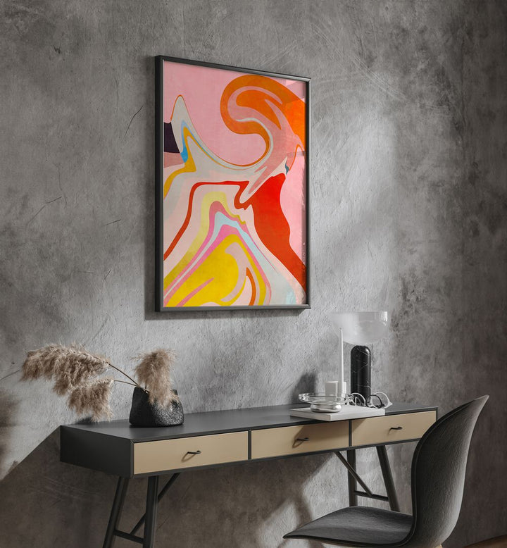 Organic Bauhaus Waved II By Ana Rut Bre Landscape Art Prints in Black Plain Frame placed on a Dark Grey Colored Wall in the Drawing Room