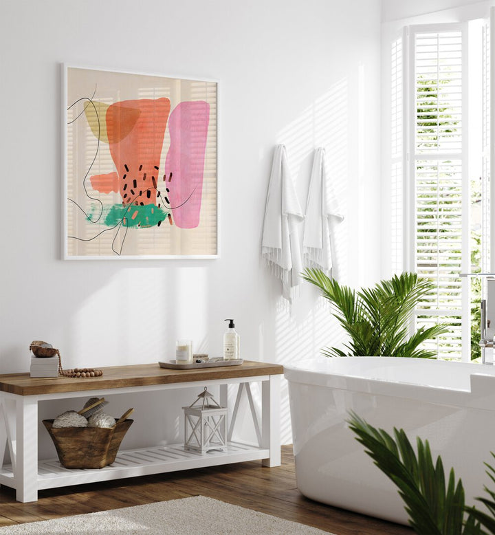 Organic Painted Kopie XIII By Ana Rut Bre Abstract Art Abstract Paintings in White Plain Frame placed on a White Colored Wall near a Bathtub in the Bathroom