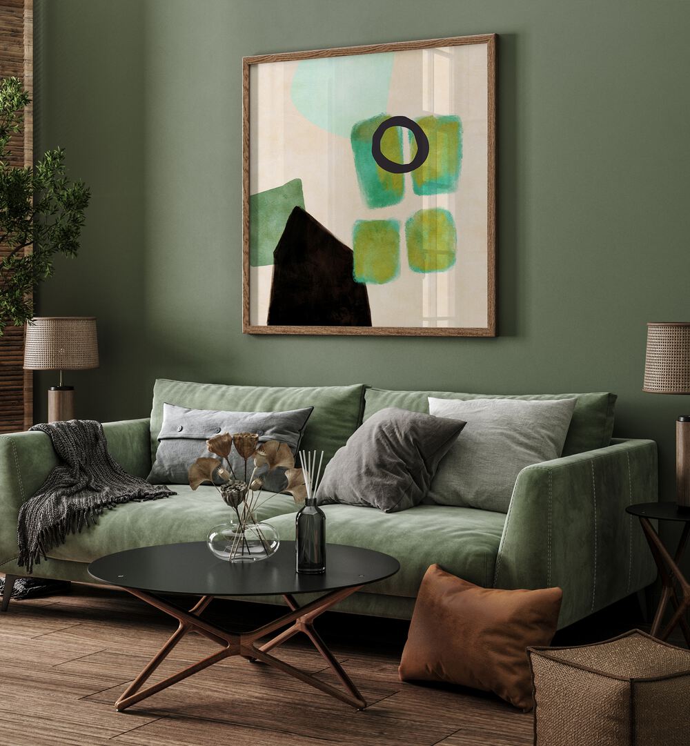 Organic Painted Kopie XIV By Ana Rut Bre Abstract Art Abstract Paintings in Oak Wood Plain Frame placed on a Green Colored Wall near a Green Sofa in the Living Room