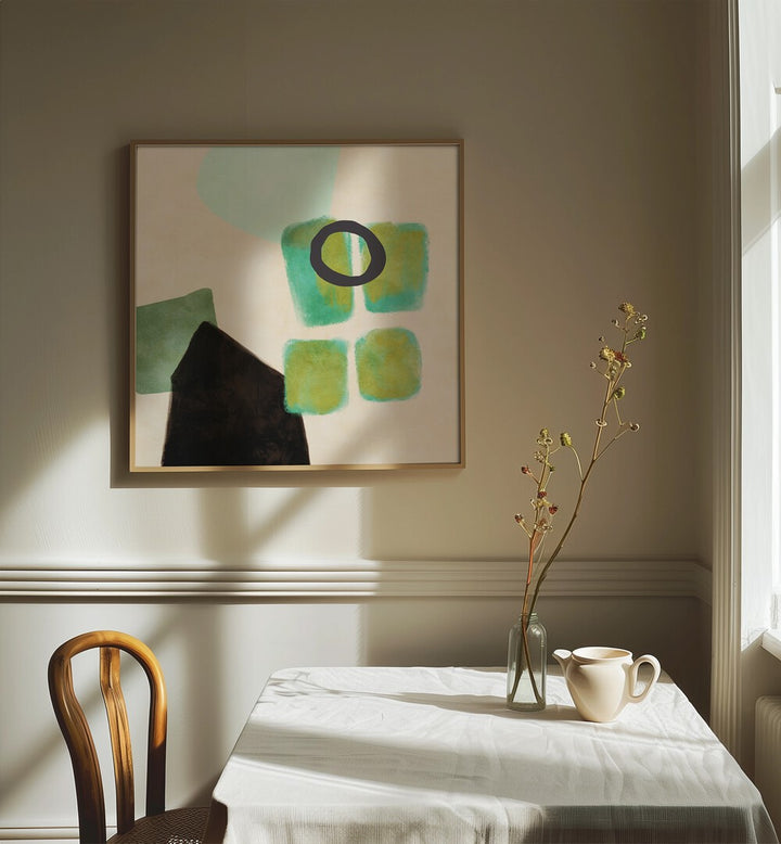 Organic Painted Kopie XIV By Ana Rut Bre Abstract Art Abstract Paintings in Oak Wood Plain Frame placed on a Cream Colored Wall near a Dining Table in the Dining Room