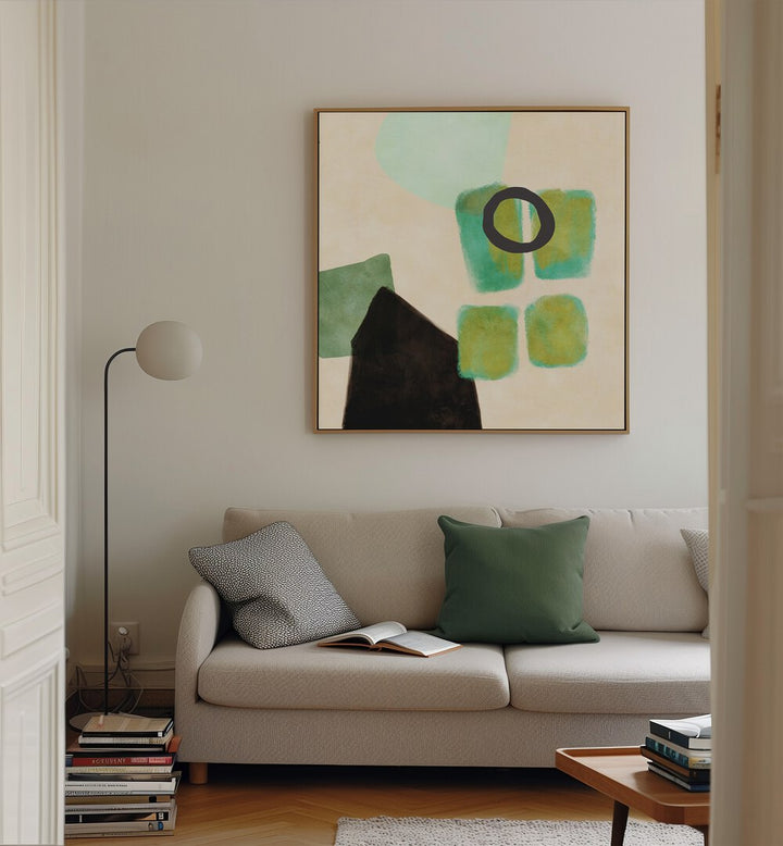 Organic Painted Kopie XIV By Ana Rut Bre Abstract Art Abstract Paintings in Oak Wood Floater Frame placed on a Cream Colored Wall near a Beige Sofa in the Living Room