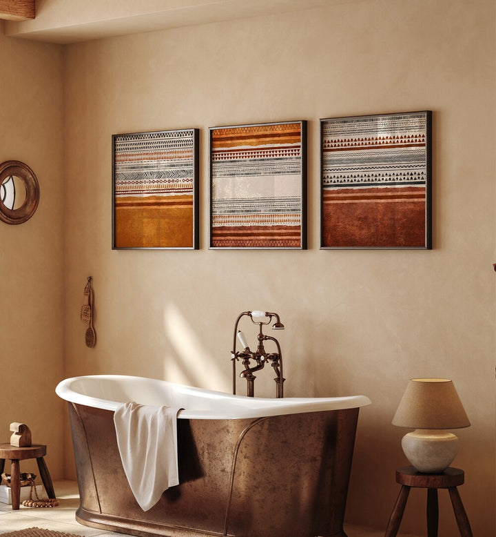 Organic Rug Patterns Set Of 3 Paintings in Oak Wood Frame With Mount  placed on a wall behind a bathtub for bathroom