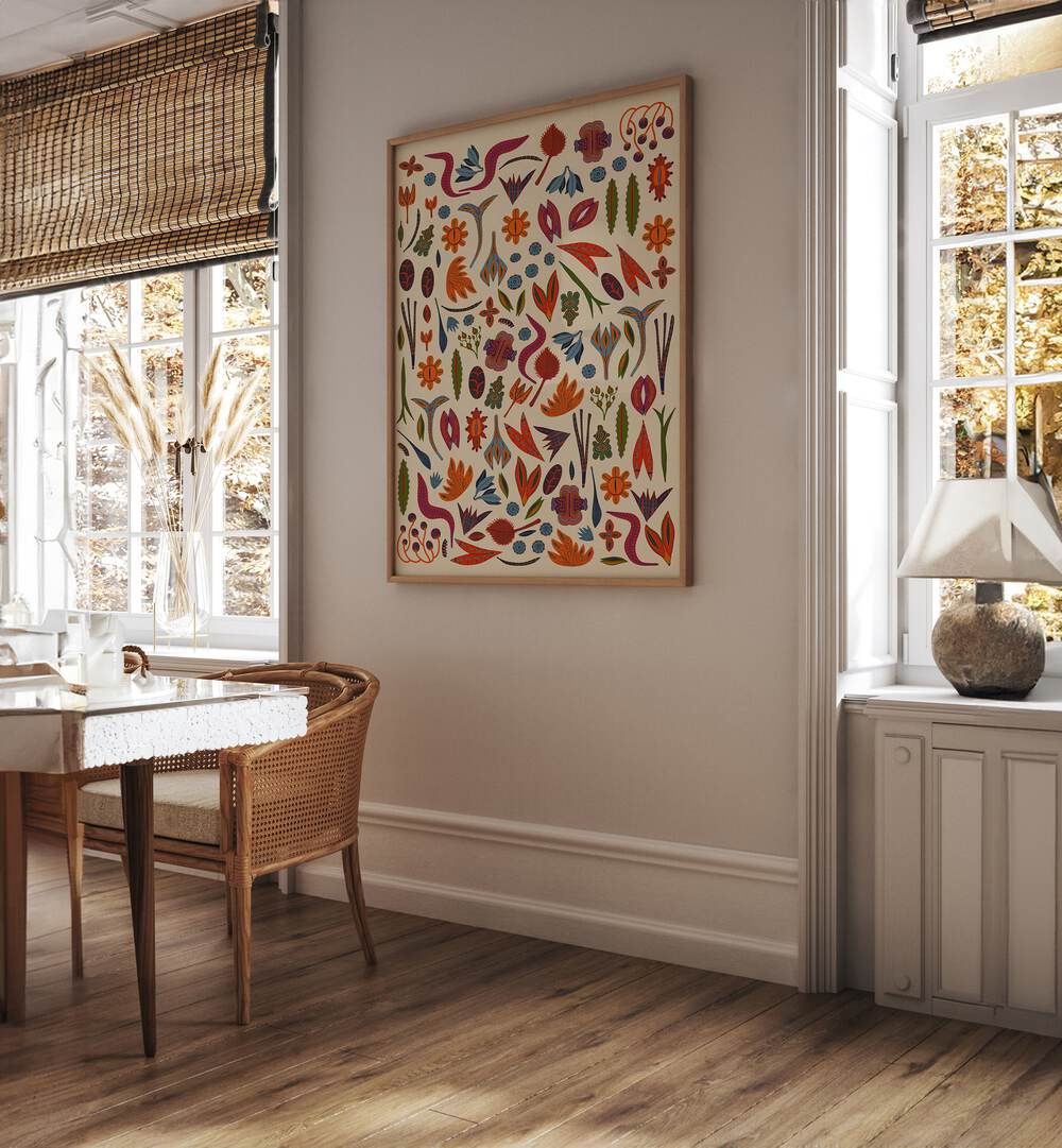 Ornaments Botanical Flower Paintings Floral Paintings in Oak Wood Plain Frame placed on a Cream Colored Wall near a Dining Table in the Dining Room