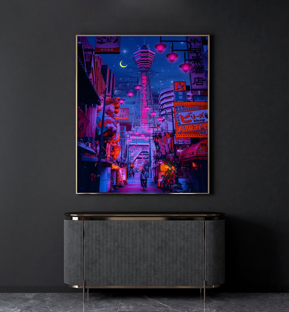 Osaka Lights By Ritvik Takkar Surrealism in Gold Plain Frame placed on a Dark Grey Colored Wall above a Console Table 