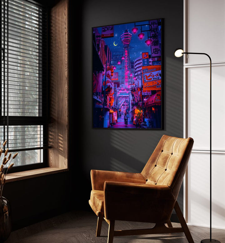 Osaka Lights By Ritvik Takkar Surrealism in Black Plain Frame placed on a Dark Grey Colored Wall in the Drawing Room