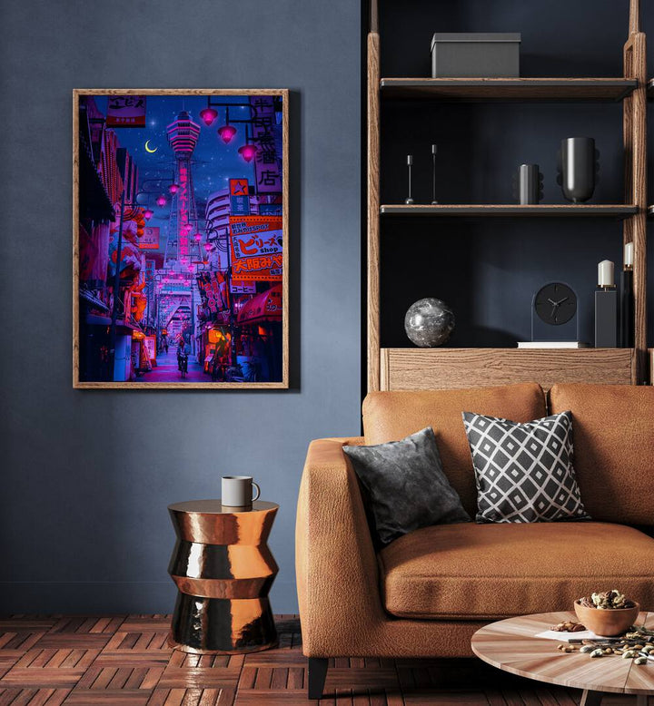 Osaka Lights By Ritvik Takkar Surrealism in Oak Wood Plain Frame placed on a Blue Colored Wall near a Brown Sofa in the Living Room