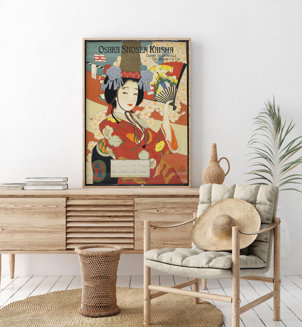 Osaka Shosen Kaisha Retro Vintage Travel Travel Posters in Oak Wood Plain Frame on a console table beside a plant