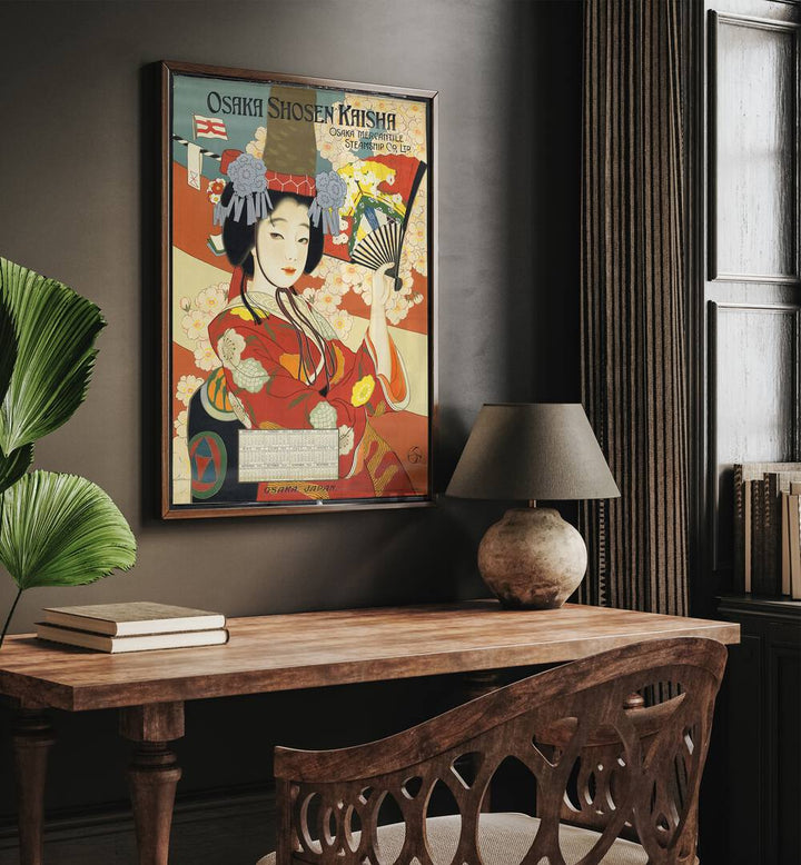 Osaka Shosen Kaisha Retro Vintage Travel Travel Posters in Dark Wood Plain Frame on a wall above a study table beside a lamp