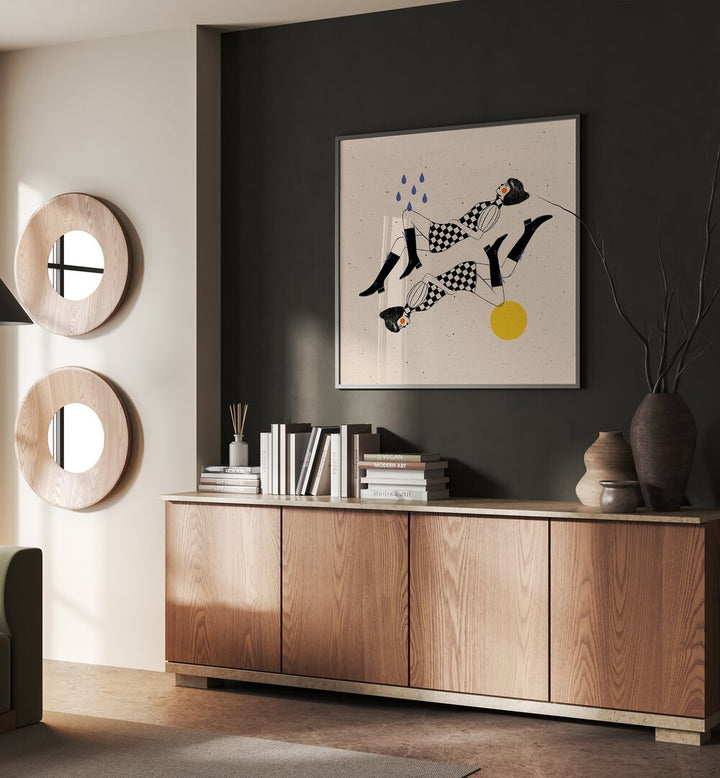 Oscillating By Julia Leister Wall Art Prints in Black Plain Frame on a wall placed behind a table