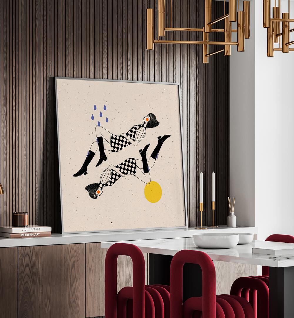 Oscillating By Julia Leister Wall Art Prints in Black Plain Frame placed on a counter behind a dining table