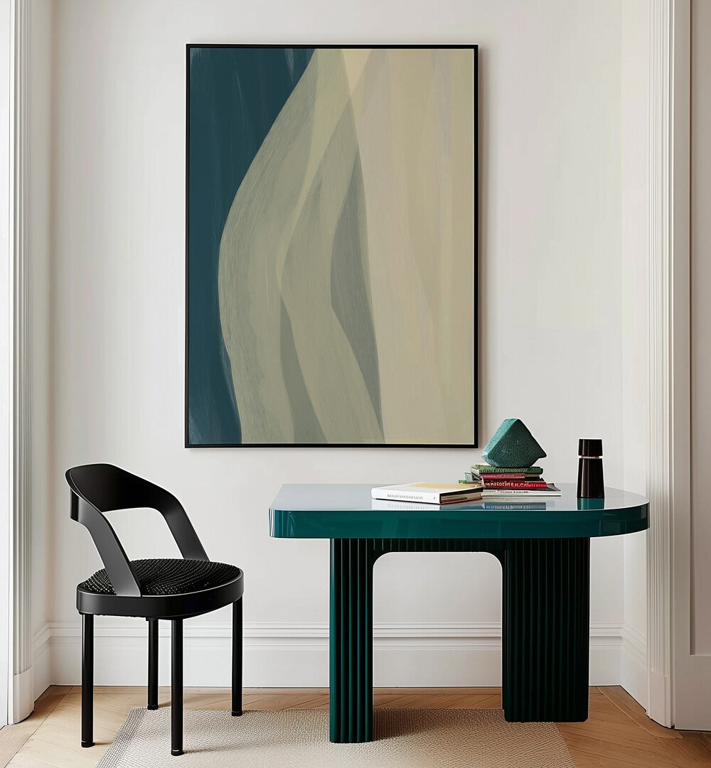 Otium by Yopie Studio Abstract Paintings Abstract Art Prints in Black Plain Frame placed on a wall behind a study table