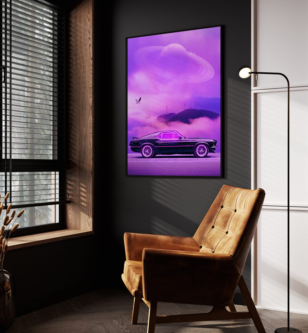 Outrun Drive By Ritvik Takkar Surrealism in Black Plain Frame placed on a Dark Grey Colored Wall in the Drawing Room