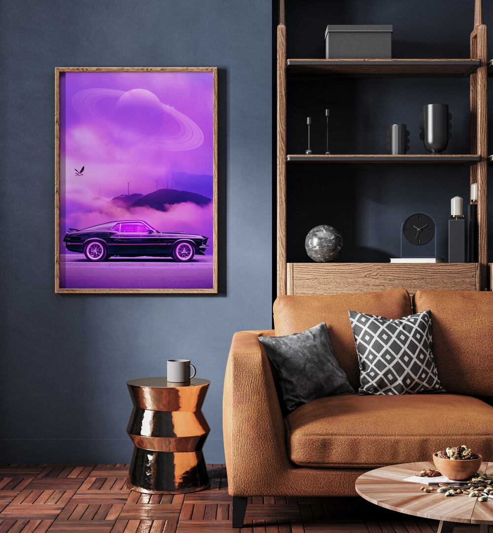 Outrun Drive By Ritvik Takkar Surrealism in Oak Wood Plain Frame placed on a Blue Colored Wall near a Brown Sofa in the Living Room