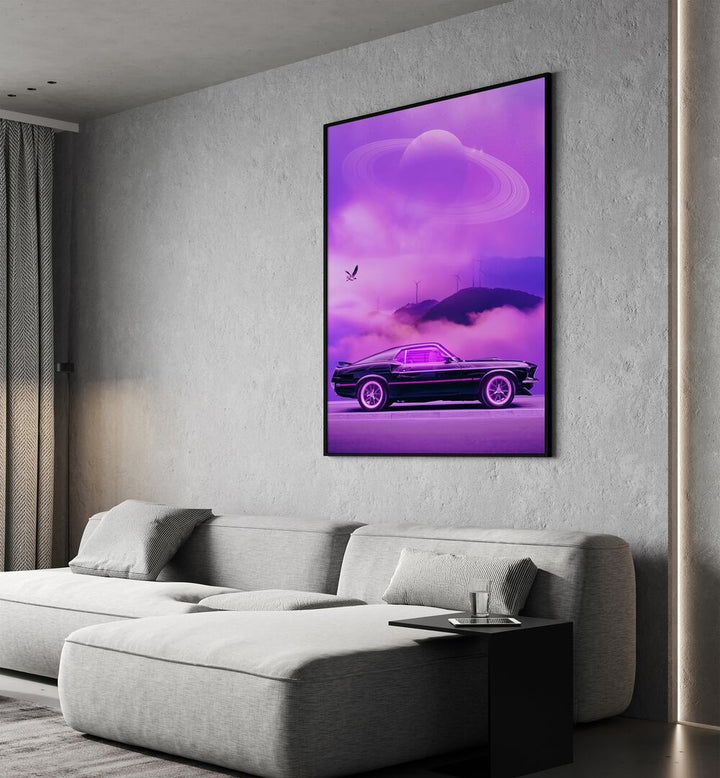 Outrun Drive By Ritvik Takkar Surrealism in Black Plain Frame placed on a Grey Colored Wall near a Grey Sofa in the Living Room