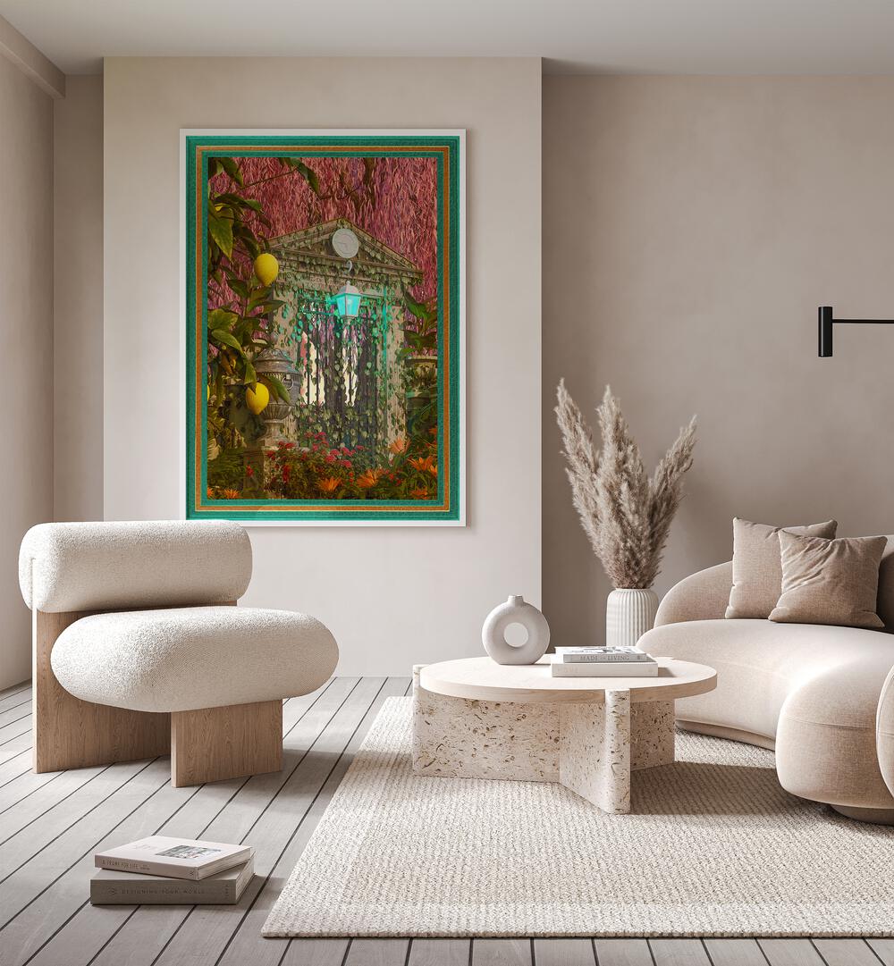 Over Growth By Cosmo Zach Surreal Art Prints Surrealism in White Plain Frame placed on a wall behind a sofa