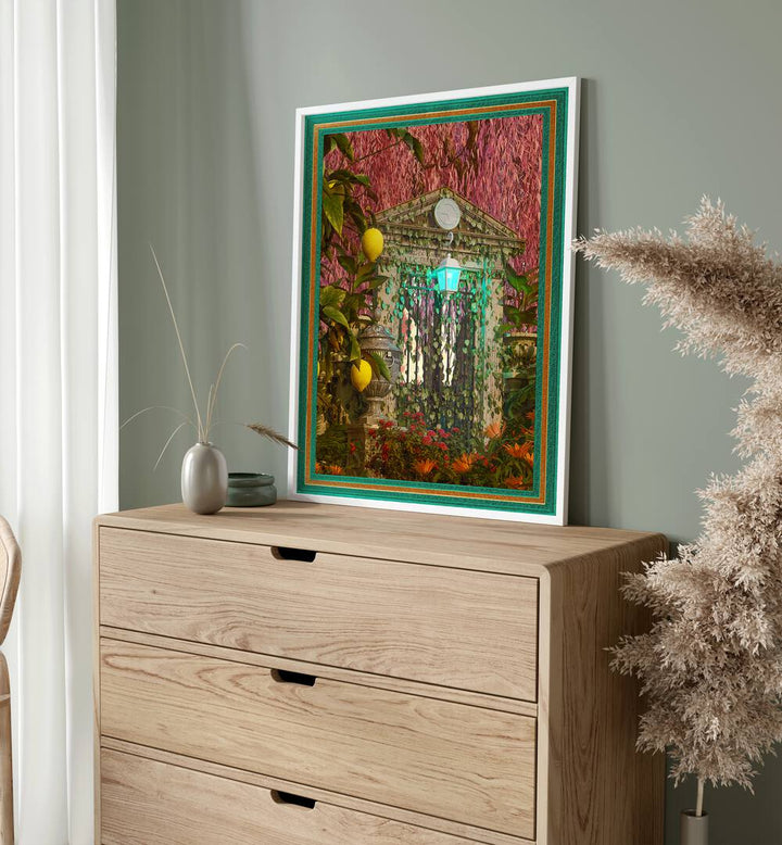 Over Growth By Cosmo Zach Surreal Art Prints Surrealism in White Plain Frame placed on a console table