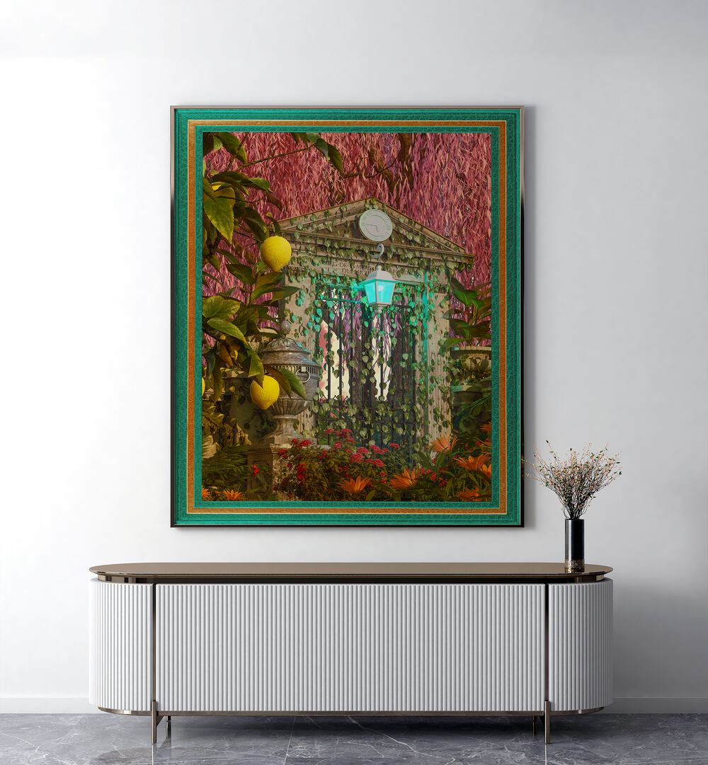 Over Growth By Cosmo Zach Surreal Art Prints Surrealism in Black Plain Frame placed on a wall behind a console table