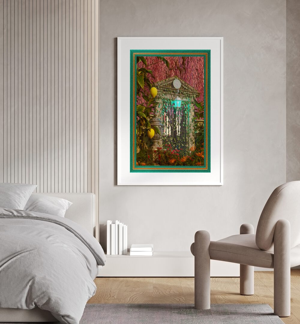 Over Growth By Cosmo Zach Surreal Art Prints Surrealism in White Frame With Mount placed on a wall beside bed for bedroom