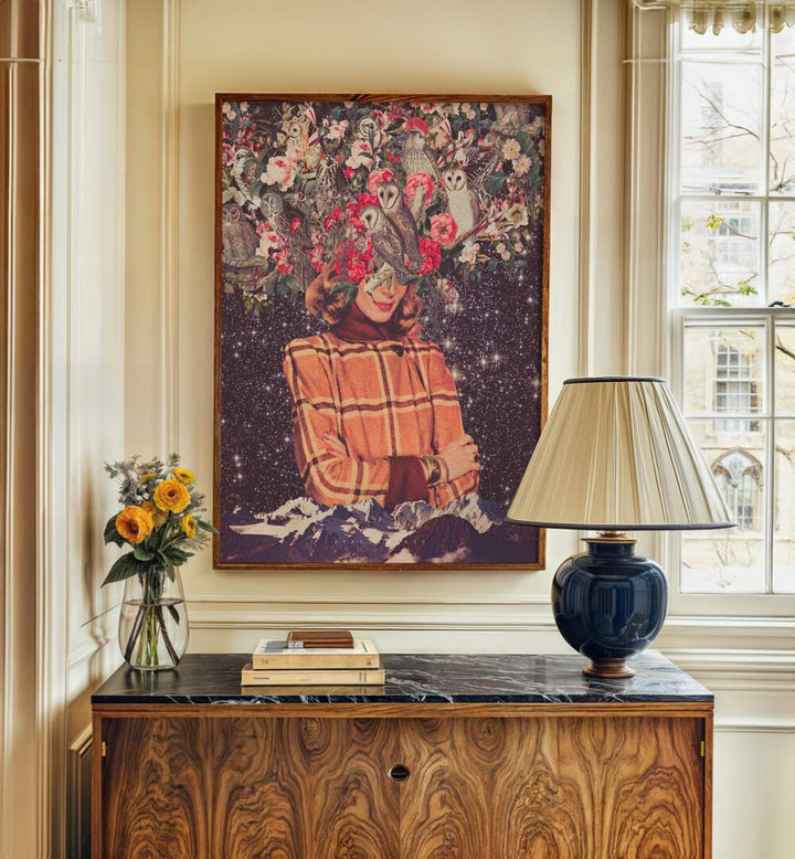 Owls On My Mind By Space Rocket Art Surreal Paintings Surreal Art in Dark Wood Plain Frame placed on a Cream Colored Wall above a Console Table in the Drawing Room