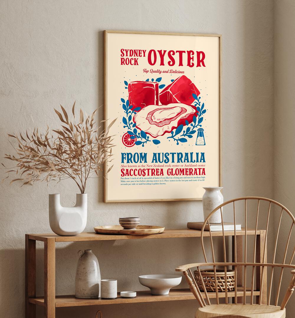 Oyster Kitchen Decor by Studio Mandariini Kitchen Posters Kitchen Art Prints in Oak Wood Plain Frame placed on a wall behind a table