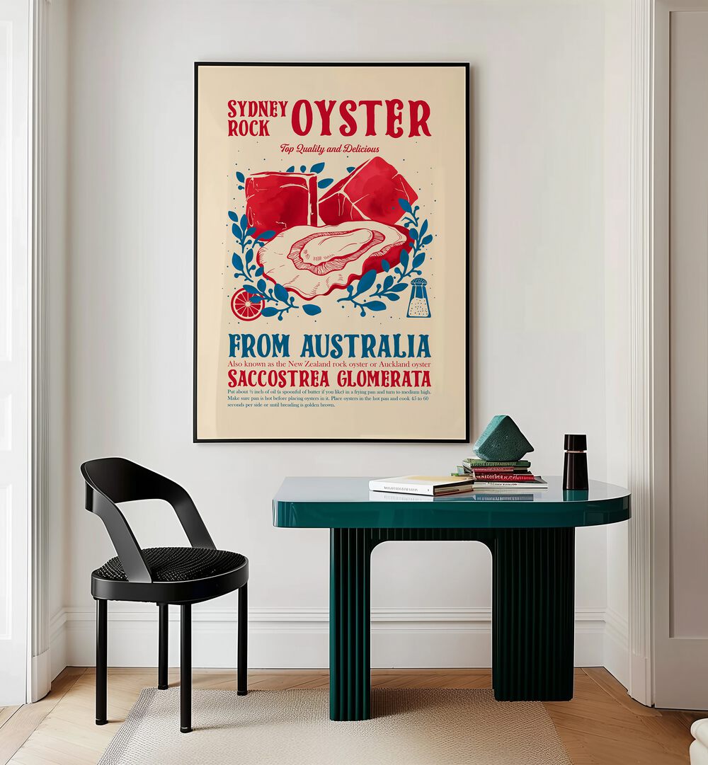 Oyster Kitchen Decor by Studio Mandariini Kitchen Posters Kitchen Art Prints in Black Plain Frame placed on a wall behind a study table