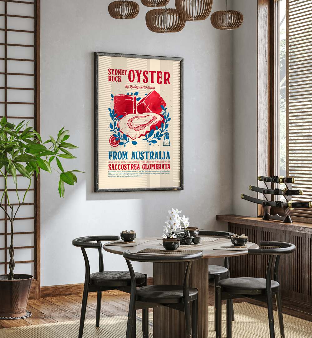 Oyster Kitchen Decor by Studio Mandariini Kitchen Posters Kitchen Art Prints in Black Plain Frame placed on a wall in a dining room area beside a window and behind a dining table