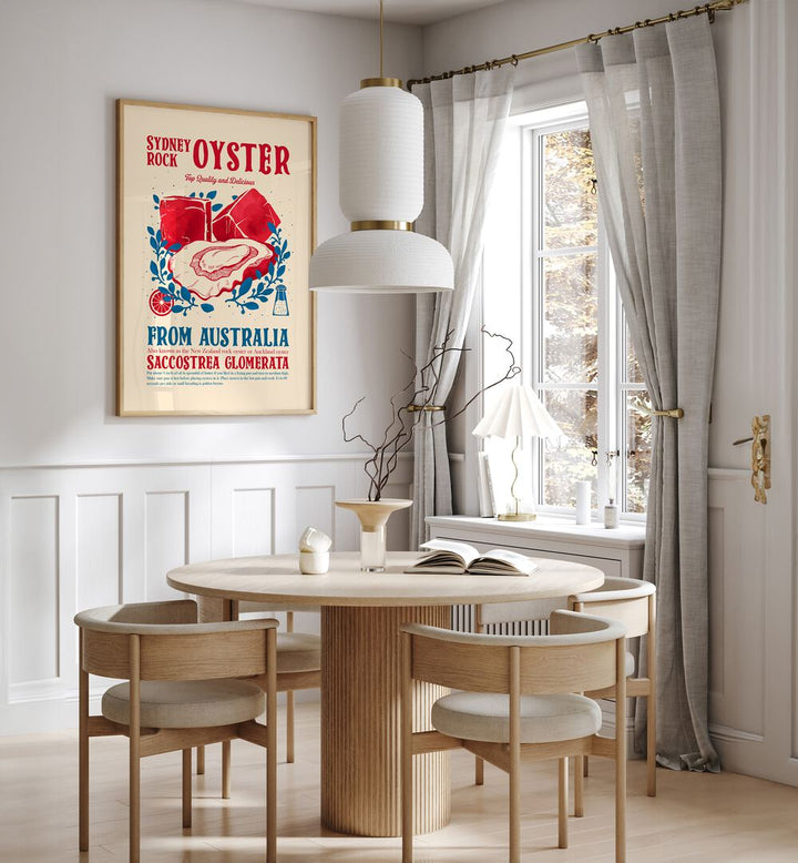 Oyster Kitchen Decor by Studio Mandariini Kitchen Posters Kitchen Art Prints in Oak Wood Plain Frame placed on a wall in a dining room area beside a window and behind a dining table