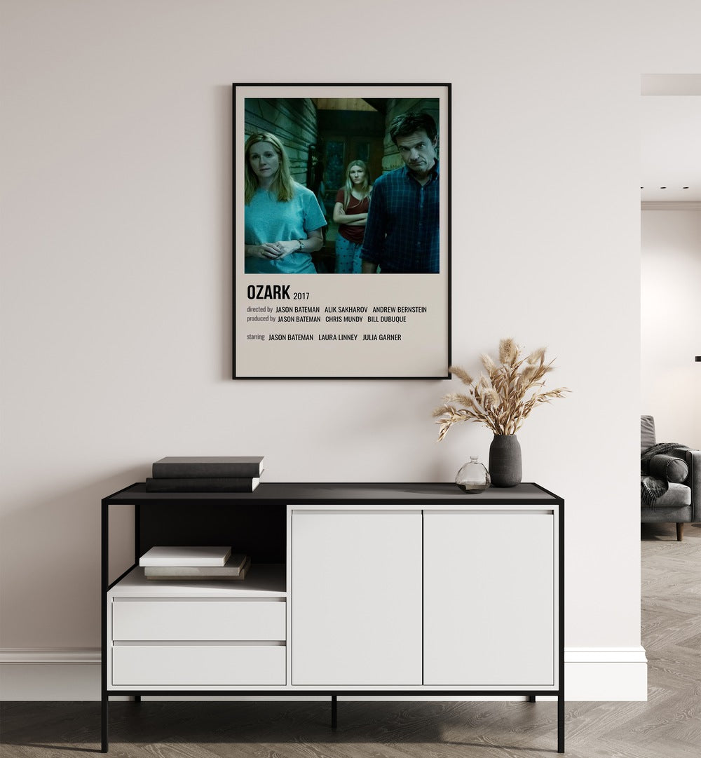 Ozark 2017 Movie Posters in Black Plain Frame hanging on wall above console table