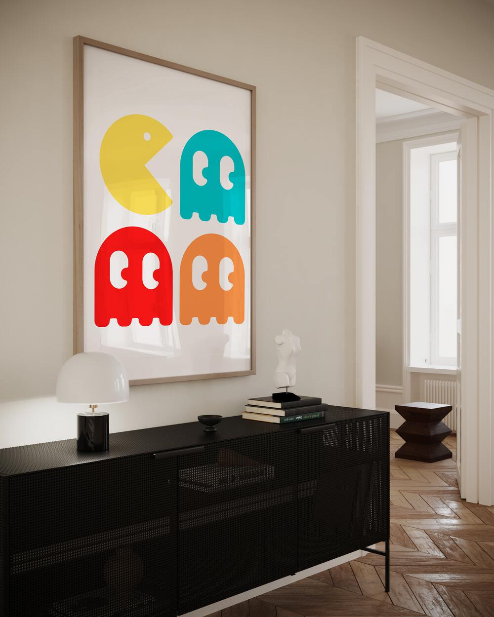 Pacman Continue Gaming Art Painting Artwork in plain oakwood frame above a black table on white wall