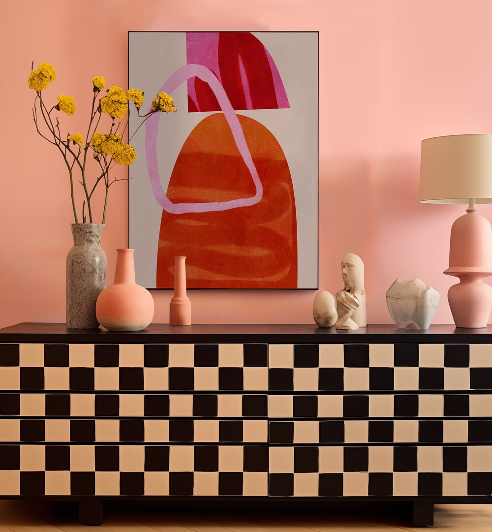 Painted Lines Kopie Abstract Art Artwork placed on a Peach  Colored Wall above a Shelf in the Living Room