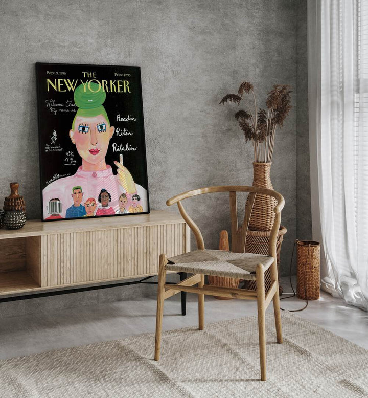 Painting By Maira Kalman Vintage Magazine Cover Artwork Placed on a wall In A Living Room 