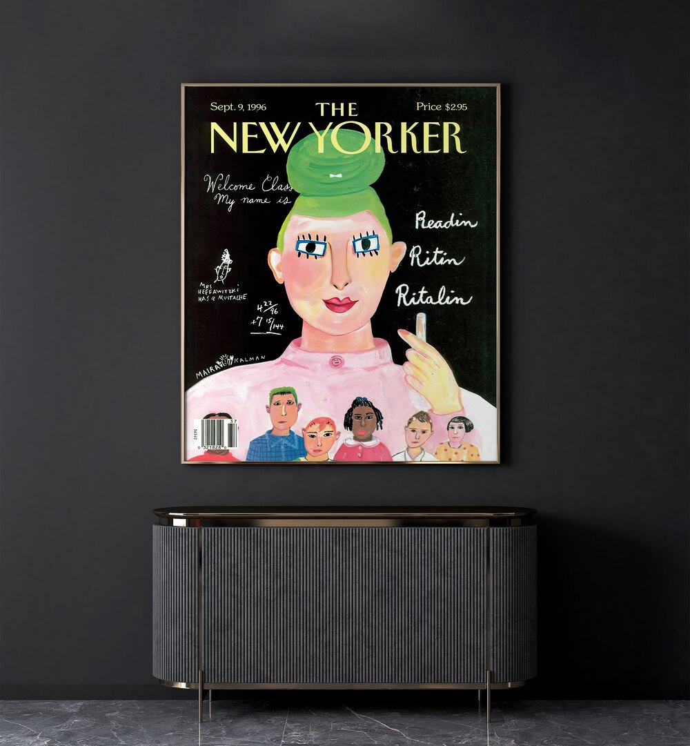 Painting By Maira Kalman Vintage Magazine Cover Artwork Placed on a wall In A Living Room 
