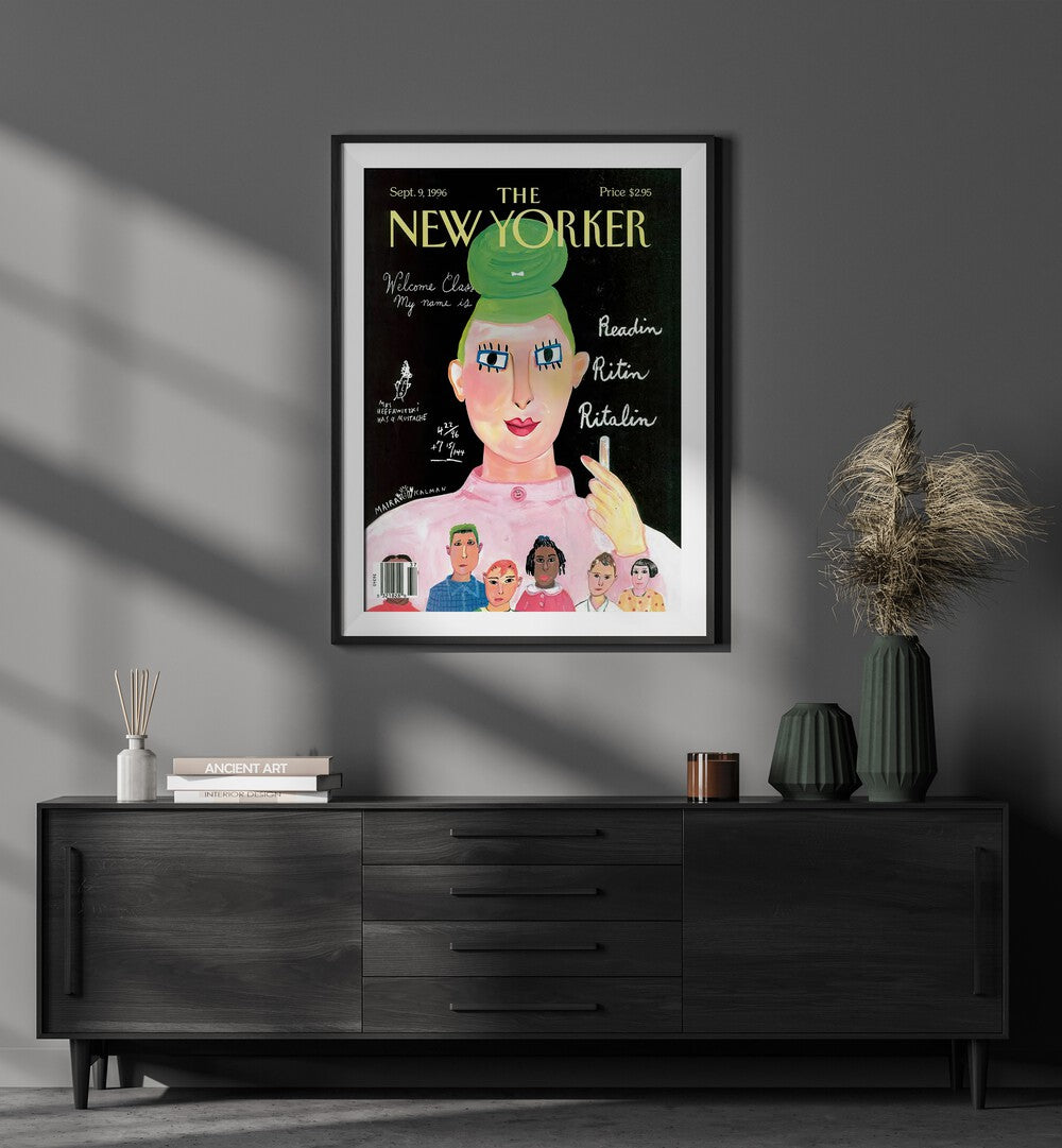 Painting By Maira Kalman Vintage Magazine Cover Artwork Placed on a wall In A Living Room 
