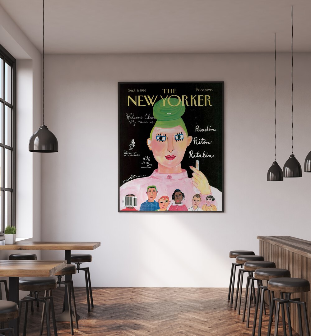 Painting By Maira Kalman Vintage Magazine Cover Artwork Placed on a wall In A Living Room 
