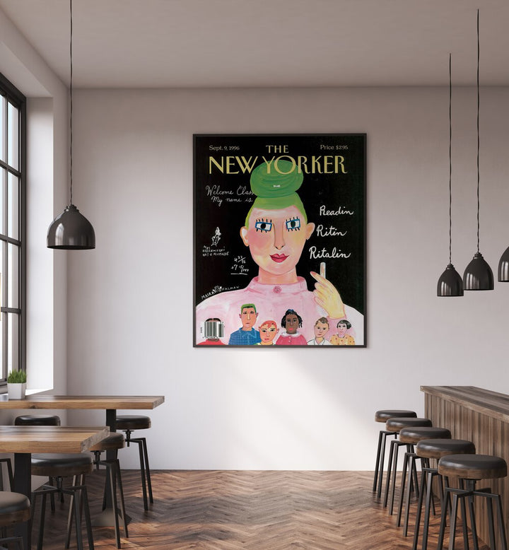 Painting By Maira Kalman Vintage Magazine Cover Artwork Placed on a wall In A Living Room 
